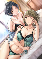 Rule 34 | 2girls, babydoll, bare arms, bare shoulders, bed, black bra, black panties, blue hair, blue shirt, blush, bra, breasts, brown hair, cleavage, closed mouth, collarbone, couple, curtains, dress shirt, dutch angle, female focus, green eyes, green panties, hand on another&#039;s shoulder, hayami kanade, highres, hip focus, idolmaster, idolmaster cinderella girls, indoors, jewelry, kuguri oimo, large breasts, lingerie, lips, looking at another, lying, medium breasts, mole, mole under eye, multiple girls, navel, neck, necklace, off shoulder, on bed, on side, one eye closed, open clothes, open shirt, panties, parted bangs, parted lips, pillow, shirt, short hair, smile, strap slip, takagaki kaede, thighs, underwear, wince, window, yellow eyes, yuri