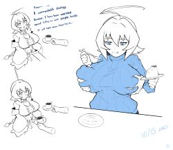 Rule 34 | 1girl, ahoge, blazblue, blazblue: central fiction, blue eyes, blue sweater, braid, breasts, camerata, commentary, dated, eating, english commentary, english text, es (xblaze), food, frills, grabbing, grabbing another&#039;s breast, grabbing from behind, hair between eyes, highres, holding, holding spoon, huge ahoge, huge breasts, long hair, necktie, partially colored, plate, pudding, simple background, single braid, spoon, sweater, xblaze