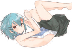Rule 34 | 1girl, backless outfit, bare back, bare shoulders, barefoot, bird hair ornament, blue hair, breasts, closed mouth, green skirt, guruten11, hair between eyes, hair ornament, hairclip, highres, looking at viewer, lying, on floor, on side, orange eyes, original, pleated skirt, porta (guruten11), revealing clothes, short hair, sideboob, sidelocks, simple background, skirt, sleeveless, small breasts, solo, white background
