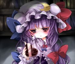 Rule 34 | 1girl, bad id, bad pixiv id, blush, book, bow, candy, chocolate, chocolate heart, crescent, emia, emia (castilla), female focus, food, hat, heart, patchouli knowledge, purple eyes, purple hair, solo, touhou, upper body, valentine