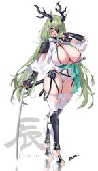 Rule 34 | 1girl, areola slip, armor, breasts, curvy, eyepatch, fingerless gloves, gloves, grey hair, high heels, highres, holding, holding sword, holding weapon, horns, huge breasts, katana, large breasts, long hair, looking at viewer, mataro (matarou), one eye covered, original, pauldrons, shoulder armor, solo, sword, thick thighs, thighhighs, thighs, twintails, weapon, white background