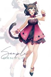 Rule 34 | 1girl, :d, animal ears, black dress, black hair, blush, bow, cat ears, choker, commentary request, dress, frills, full body, heart, heart in eye, high heels, highres, lace, lace-trimmed dress, lace trim, looking at viewer, open mouth, original, orniflop, red eyes, ribbon choker, sample watermark, shoes, short hair, smile, solo, strapless, symbol in eye, tail, watermark, white background, wrist cuffs