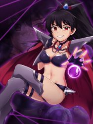 Rule 34 | 1girl, :d, antenna hair, armor, bikini, bikini skirt, black choker, black gloves, black hair, boots, breasts, cape, chain, choker, cleavage, collarbone, commentary request, fingerless gloves, floating, ganaha hibiki, gloves, grey footwear, grin, high ponytail, hiiringu, idolmaster, idolmaster (classic), long hair, looking at viewer, medium breasts, navel, open mouth, orb, outstretched arm, red cape, red eyes, shoulder armor, sitting, smile, solo, sparkle, spikes, spread fingers, stomach, swimsuit, teeth, thigh boots, thighhighs, v-shaped eyebrows, vambraces, very long hair, zoom layer