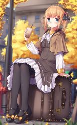 Rule 34 | 1girl, absurdres, ahoge, black dress, black footwear, black pantyhose, black ribbon, blonde hair, blue eyes, blurry, blurry background, blush, brown jacket, bubble tea, closed mouth, collared shirt, cropped jacket, cup, depth of field, disposable cup, dress, dress shirt, drinking straw, enuni, frilled dress, frills, full body, hair ornament, hair ribbon, hairclip, highres, holding, holding cup, hood, hood down, hooded jacket, huge filesize, jacket, layered sleeves, leaf hair ornament, long sleeves, original, pantyhose, plaid, resolution mismatch, ribbon, shirt, shoes, short over long sleeves, short sleeves, sitting, smile, solo, source smaller, suitcase, twintails, white neckwear, white shirt