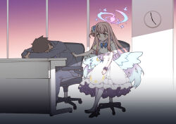 Rule 34 | 1boy, 1girl, black footwear, black hair, black pants, blue archive, blush, capelet, chair, clock, closed mouth, clothes grab, desk, dress, evening, feathered wings, flower, formal, hair bun, hair flower, hair ornament, halo, highres, hitotose rin, indoors, long hair, long sleeves, mika (blue archive), office chair, pants, pantyhose, pink hair, scrunchie, sensei (blue archive), shadow, shoes, side ponytail, single side bun, sitting, smile, suit, swivel chair, wall clock, white capelet, white dress, white pantyhose, white wings, window, wings, wrist scrunchie, yellow eyes