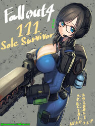 Rule 34 | 1girl, absurdres, ass, backpack, bag, black bag, black hair, blue bodysuit, blue eyes, bodysuit, breasts, cleavage, explosive, fallout (series), fallout 4, glasses, grenade, headset, highres, kashiwamochi yomogi, large breasts, looking at viewer, solo