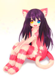 Rule 34 | androgynous, blue eyes, cat, cosplay, full body, furry, gender request, gradient background, heterochromia, highres, kigurumi, long hair, nude, open mouth, purple hair, solo, tashiro yuu, white background, yellow eyes