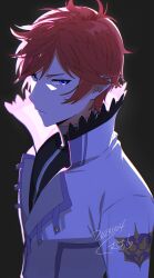 Rule 34 | 1boy, absurdres, blue eyes, closed mouth, coat, commentary request, crest, glowing, grey background, high collar, highres, knight, kumuo (mirakurufusao), looking at viewer, male focus, messy hair, re:zero kara hajimeru isekai seikatsu, red hair, reinhard van astrea, serious, shaded face, short hair, simple background, solo, uniform, white coat