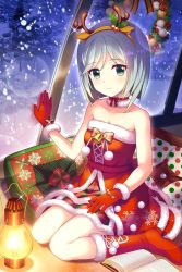 Rule 34 | 1girl, alternative girls, animal ears, bare arms, bare shoulders, boots, christmas, christmas ornaments, deer ears, gloves, highres, official art, orimiya yui, short hair, sitting, smile, snow, snowing, solo