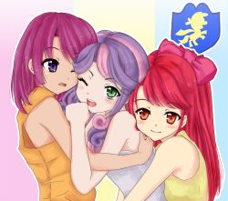 Rule 34 | 3girls, apple bloom, bare shoulders, blush, bow, child, curly hair, cutie mark crusaders, d-tomoyo (thekingkas), emblem, eyes visible through hair, green eyes, hair bow, hair ornament, hug, large bow, long hair, looking at another, looking at viewer, multicolored hair, multiple girls, my little pony, my little pony: equestria girls, my little pony: friendship is magic, one eye closed, open mouth, personification, pink bow, purple hair, red eyes, red hair, scootaloo, short hair, smile, sweetie belle, teeth, wink
