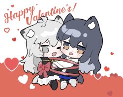 Rule 34 | 2girls, ;d, animal ear fluff, animal ears, arknights, black footwear, black hair, black jacket, black pantyhose, black vest, blue gloves, blue shorts, blush, bow, brown eyes, chibi, commentary request, ear piercing, fingerless gloves, gloves, grey eyes, grey hair, hair between eyes, happy valentine, heart, highres, jacket, lappland (arknights), pantyhose under shorts, long hair, multiple girls, one eye closed, open mouth, pantyhose, piercing, red background, red bow, red ribbon, ribbon, scar, scar across eye, shirt, shoe soles, shorts, smile, tail, texas (arknights), two-tone background, very long hair, vest, white background, white footwear, white shirt, xijian