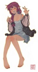 Rule 34 | 1girl, 2024, ;d, absurdres, alcohol carton, artist name, bare legs, bare shoulders, barefoot, black jacket, black nails, blush, bocchi the rock!, braid, breasts, cigarette, cleavage, collarbone, commentary, dress, drinking straw, earrings, feet, full body, hair over shoulder, highres, hiroi kikuri, holding, holding cigarette, jacket, jewelry, legs, long hair, long sleeves, nail polish, one eye closed, open clothes, open jacket, open mouth, purple eyes, purple hair, sharp teeth, simple background, single braid, sitting, small breasts, smile, solo, sunny waifu, teeth, toenails, toes, upper teeth only, white background