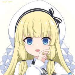 Rule 34 | 1girl, armband, assault lily, beret, black bow, black bowtie, black ribbon, blonde hair, blue eyes, blunt bangs, bow, bowtie, commentary request, frilled hat, frills, gradient background, hand to own mouth, hand up, hat, hat ribbon, highres, jewelry, long hair, long sleeves, looking at viewer, open mouth, piatin, portrait, ribbon, ring, shirt, sidelocks, smile, solo, striped ribbon, tachihara sayu, twitter username, v-shaped eyebrows, white background, white hat, white ribbon, white shirt, yellow background