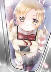 Rule 34 | 10s, 1girl, against glass, black skirt, blonde hair, blurry, blush, bow, bowtie, breast press, breasts, brown pantyhose, cellphone, closed mouth, depth of field, drill hair, eyebrows, eyelashes, formal, from above, from outside, glass, hair ornament, hairpin, highres, holding, juliet sleeves, large breasts, long sleeves, looking at viewer, mahou shoujo madoka magica, mahou shoujo madoka magica (anime), miniskirt, necktie, pantyhose, parted bangs, phone, plaid, plaid skirt, pleated skirt, puffy sleeves, red bow, red bowtie, red hair, red necktie, rin2008, school uniform, shade, skirt, smile, solo focus, suit, tawawa challenge, tomoe mami, train, train interior, twin drills, yellow eyes, you&#039;re doing it wrong
