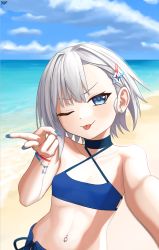 Rule 34 | 1girl, absurdres, bare arms, bare shoulders, beach, bikini, blue bikini, blue eyes, blue nails, blue sky, blue wristband, closed mouth, collarbone, day, earrings, flat chest, grey hair, hair ornament, hairclip, halterneck, hand up, highres, horizon, jewelry, looking at viewer, nail polish, navel, navel piercing, ocean, one eye closed, piercing, reaching, reaching towards viewer, red wristband, rurine luna, sand, selfie, short hair, side-tie bikini bottom, sky, solo, star (symbol), star hair ornament, stomach, swimsuit, tongue, tongue out, upper body, v, v-shaped eyebrows, virtual youtuber, wactor production, wristband, yof (sc gazer)