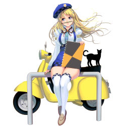 Rule 34 | 1girl, animal, black cat, blonde hair, blue eyes, blue skirt, breasts, cat, full body, hair ornament, hairclip, highres, juliet sleeves, kouno (masao), large breasts, legs together, lips, long sleeves, mary janes, motor vehicle, on railing, original, over-kneehighs, pencil as mustache, puffy sleeves, railing, scooter, shoes, sitting, sketchbook, skirt, skirt set, solo, suspenders, thighhighs, vespa, white thighhighs, zettai ryouiki