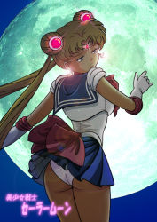 Rule 34 | 1990s (style), 1girl, ass, bishoujo senshi sailor moon, blonde hair, blue eyes, blue sailor collar, blue skirt, blush, bow, clothes lift, copyright name, cowboy shot, earrings, elbow gloves, from behind, full moon, gloves, glowing, jewelry, lens flare, magical girl, moon, panties, pleated skirt, red bow, retro artstyle, sailor collar, sailor moon, skirt, skirt lift, smile, solo, tiara, tsukino usagi, twintails, underwear, upskirt, white panties, wind, wind lift