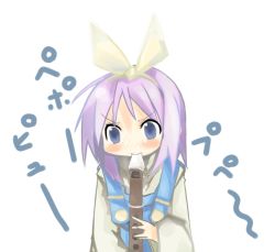 Rule 34 | &gt;:), 00s, 1girl, blue eyes, blue hair, bow, flute, hair ribbon, hiiragi tsukasa, holding flute, holding instrument, instrument, kanikama, long sleeves, lucky star, overalls, pink hair, purple eyes, recorder, ribbon, short hair, simple background, solo, tareme, upper body, v-shaped eyebrows, white background, wide sleeves, yellow bow, yellow ribbon