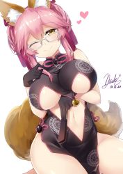 Rule 34 | 1girl, animal ear fluff, animal ears, bare shoulders, black dress, black gloves, blush, breasts, china dress, chinese clothes, cleavage, closed mouth, dress, fate/grand order, fate (series), folded fan, folding fan, fox ears, fox tail, glasses, gloves, hair between eyes, hair ribbon, hand fan, heart, highres, koyanskaya (chinese lostbelt outfit) (fate), koyanskaya (fate), large breasts, looking at viewer, navel, one eye closed, pink hair, pink ribbon, revision, ribbon, side slit, simple background, smile, solo, subaru (794829485), tail, tamamo (fate), tamamo no mae (fate/extra), upper body, white-framed eyewear, white background, yellow eyes