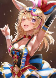 1girl absurdres animal_ear_fluff animal_ears arm_up armpits black_choker black_hair blonde_hair blue_nails bow bow_choker breasts choker cleavage dress fox_ears fox_girl fox_tail hair_ornament hairpin hat heart heart-shaped_pupils highres hololive jester_cap looking_at_viewer maumaou medium_breasts medium_hair multicolored_clothes multicolored_dress multicolored_hair multicolored_nails nail_polish omaru_polka omaru_polka_(1st_costume) open_mouth pink_hair purple_eyes red_bow red_nails smile solo streaked_hair symbol-shaped_pupils tail teeth upper_teeth_only virtual_youtuber white_wrist_cuffs wrist_cuffs x_hair_ornament