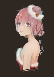 Rule 34 | 1girl, absurdres, bare shoulders, bell, blue eyes, blush, breasts, brown background, commentary request, dress, face, from behind, hair bell, hair ornament, highres, koe no katachi, lao bai, looking at viewer, looking back, merry christmas, nishimiya shouko, pink hair, santa costume, short hair, signature, simple background, small breasts, smile, solo, strapless, strapless dress
