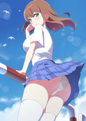 Rule 34 | 1girl, aqua eyes, ass, bird, blue skirt, blue sky, brown hair, closed mouth, cloud, commentary request, day, hair blowing, highres, lens flare, looking at viewer, looking to the side, medium hair, original, outdoors, panties, plaid, plaid skirt, pleated skirt, railing, sakamata (sakamata4), seagull, shirt, short sleeves, skirt, sky, smile, solo, standing, thighhighs, thighs, underwear, white panties, white shirt, white thighhighs, wind, wind lift