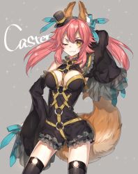 Rule 34 | 10s, 1girl, ;3, ;d, animal ears, bad id, bad pixiv id, bare shoulders, black thighhighs, blush, bow, breasts, character name, chocoan, cleavage, detached sleeves, fang, fate/extra, fate/extra ccc, fate (series), flower ornament, fox ears, fox tail, hair bow, hair ribbon, hand in own hair, hand on own hip, hat, highres, large breasts, long hair, mini hat, mini top hat, official alternate costume, one eye closed, open mouth, pink hair, revision, ribbon, smile, solo, tail, tamamo (fate), tamamo no mae (fate/extra), tamamo no mae (sable mage) (fate), thighhighs, top hat, twintails, yellow eyes