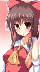 Rule 34 | 1girl, ascot, bare shoulders, bow, breasts, brown eyes, brown hair, collarbone, detached sleeves, gradient background, hair bow, hair tubes, hakurei reimu, highres, large breasts, looking at viewer, naba (take tonbo), no bra, open mouth, shirt, sideboob, solo, touhou, upper body