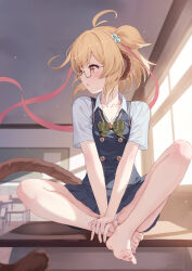 Rule 34 | 1girl, absurdres, andira (granblue fantasy), animal ears, barefoot, bespectacled, black-framed eyewear, blonde hair, classroom, erune, glasses, granblue fantasy, hair ribbon, highres, indian style, indoors, kimblee, legs, looking to the side, monkey ears, monkey tail, red ribbon, ribbon, school uniform, short hair, sitting, solo, tail, toenails, toes