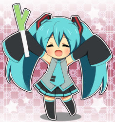 Rule 34 | 1girl, :d, black thighhighs, blue hair, blue necktie, blush, chibi, closed eyes, collared shirt, detached sleeves, facing viewer, grey shirt, hatsune miku, long hair, long sleeves, necktie, open mouth, pleated skirt, shirt, skirt, sleeveless, sleeveless shirt, sleeves past wrists, smile, solo, spring onion, standing, standing on one leg, thighhighs, tonee, twintails, very long hair, vocaloid, wide sleeves, wing collar