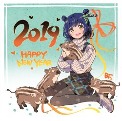 Rule 34 | 1girl, 2019, :d, animal, aqua background, artist name, bf. (sogogiching), black pantyhose, blue hair, blush, boar, commentary request, double bun, dress, hair bun, hair ornament, happy new year, heart, high heels, holding, holding animal, leaf hair ornament, long sleeves, looking at viewer, new year, open mouth, original, pantyhose, paw print, pinafore dress, plaid, plaid dress, print pantyhose, ribbed sweater, shoes, short hair, sleeveless, sleeveless dress, smile, solo, sweater, turtleneck, turtleneck sweater, white footwear, white sweater, yellow eyes