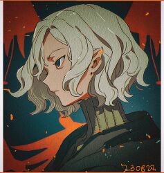 Rule 34 | 1boy, bags under eyes, blonde hair, blue background, border, cloak, closed mouth, confetti, dated, dungeon meshi, elf, from side, haun, looking ahead, male focus, mithrun, notched ear, pointy ears, portrait, profile, short hair, solo, uniform