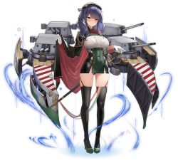 Rule 34 | 1girl, aiguillette, azur lane, beret, between breasts, black cloak, black hair, black headwear, black thighhighs, blush, bra visible through clothes, breasts, buttons, cannon, cape, character name, cleavage, cloak, closed mouth, covered navel, dress, fire, full body, glint, gloves, gradient hair, green dress, green footwear, grin, hand on hilt, hand up, hat, heart, high heels, long hair, long sleeves, medal, military, military uniform, multicolored hair, pola (azur lane), purple hair, red eyes, rigging, saber (weapon), sheath, sheathed, short dress, side slit, sidelocks, skindentation, sleeve cuffs, smile, standing, sword, taut clothes, taut dress, thighhighs, transparent background, turret, uniform, weapon, white gloves, yunsang