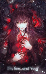 Rule 34 | 1girl, absurdres, antlers, black joa, blood, bloody rose, brown dress, brown hair, collarbone, commentary, crying, crying with eyes open, double bun, dress, english text, flower, hair bun, hands on own chest, highres, horns, jewelry, long hair, long sleeves, messy hair, necklace, original, petals, rose, slit pupils, tears, very long hair, yellow eyes