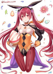 Rule 34 | 1girl, animal ear headwear, animal ears, bare shoulders, blue flower, blush, breasts, closed mouth, commentary request, covered navel, detached sleeves, easter egg, egg, fake animal ears, fire emblem, fire emblem awakening, fire emblem heroes, flower, gloves, hair between eyes, hair flower, hair ornament, hand on own hip, haru (nakajou-28), highres, holding, holding egg, leotard, long hair, long sleeves, looking at viewer, neckwear request, nintendo, official alternate costume, orange flower, pantyhose, pink flower, playboy bunny, rabbit ears, red eyes, red flower, red hair, red pantyhose, ribbon, severa (fire emblem), small breasts, solo, strapless, strapless leotard, twintails, twitter username, very long hair, white background