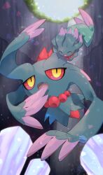 Rule 34 | :d, ^ ^, absurdres, artist name, bead necklace, beads, blue sky, blurry, blurry background, closed eyes, colored sclera, commentary request, creatures (company), crystal, day, fang, flutter mane, full body, game freak, gen 2 pokemon, highres, hole, jewelry, light particles, misdreavus, necklace, nintendo, no humans, nullma, open mouth, outdoors, pokemon, pokemon (creature), red sclera, signature, skin fang, sky, smile, spikes, yellow eyes