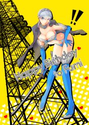 Rule 34 | !, !!, 1girl, alternate costume, atlus, bent over, blue eyes, boots, breasts, choker, cleavage, elbow gloves, genderswap, genderswap (mtf), gloves, hairband, happy birthday, high-cut armor (persona), high heel boots, high heels, jacket, jacket on shoulders, katana, knee boots, large breasts, narukami yuu, okome6226, persona, persona 4, shin megami tensei, short hair, solo, sword, thigh boots, thighhighs, weapon, white hair
