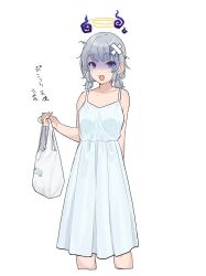 Rule 34 | 1girl, arm behind back, bag, bare shoulders, blush, cropped legs, crossed bandaids, dress, fang, grey hair, halo, hand up, highres, holding, holding bag, long hair, looking at viewer, open mouth, original, plastic bag, purple eyes, simple background, sleeveless, sleeveless dress, solo, teshima nari, translation request, turn pale, white background, white dress
