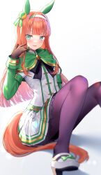Rule 34 | 1girl, :d, animal ears, black bow, black bowtie, black gloves, black pantyhose, blurry, bow, bowtie, capelet, depth of field, dolldolldd, ear covers, feet out of frame, gloves, green capelet, green eyes, hairband, highres, hime cut, horse ears, horse girl, horse tail, long hair, long sleeves, looking at viewer, open mouth, orange hair, pantyhose, pleated skirt, silence suzuka (umamusume), simple background, sitting, skirt, smile, solo, tail, umamusume, white background, white footwear, white hairband, white skirt