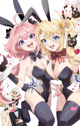 Rule 34 | 1girl, 3boys, animal ears, astolfo (fate), bare shoulders, black bow, black leotard, black thighhighs, blonde hair, blue eyes, blush, bow, bowtie, bradamante (fate), bradamante (welcome bunny) (fate), braid, braided ponytail, breasts, cake, card, charlemagne (fate), cleavage, covered navel, crown braid, detached collar, detached sleeves, fake animal ears, fake tail, fate/apocrypha, fate/extella, fate/extella link, fate/extra, fate/grand order, fate (series), food, formal, gold trim, hair bow, hair intakes, highleg, highleg leotard, highres, hippogriff, large breasts, leotard, long hair, looking at viewer, multicolored hair, multiple boys, multiple girls, open mouth, phanta, pink hair, playboy bunny, playing card, purple eyes, rabbit ears, rabbit tail, roland (fate), smile, streaked hair, stuffed toy, suit, tail, thighhighs, thighs, trap, tray, twintails, two-tone leotard, very long hair, white hair, white leotard