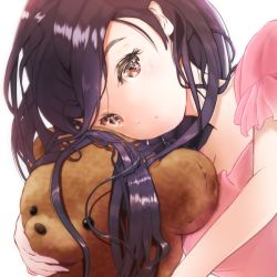Rule 34 | 1girl, black hair, brown eyes, holding, holding stuffed toy, long hair, looking at viewer, lyandi, original, pink shirt, shirt, simple background, solo, stuffed animal, stuffed toy, teddy bear, upper body, white background