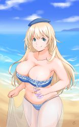 Rule 34 | 1girl, atago (kancolle), beach, bikini, blonde hair, blue bikini, blue eyes, blue sky, breasts, camerata, cleavage, cloud, collarbone, cowboy shot, curvy, day, drinking straw, glass, highres, kantai collection, large breasts, long hair, looking at viewer, navel, outdoors, sarong, sky, smile, solo, standing, swimsuit, wide hips