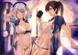 Rule 34 | 10s, 2girls, armadillo-tokage, bad id, bad twitter id, blue eyes, bow, bow bra, bra, breasts, brown eyes, brown hair, coffee mug, commentary request, crying, crying with eyes open, cup, employee uniform, indoors, kaga (kancolle), kantai collection, kashima (kancolle), large breasts, lawson, mug, multiple girls, navel, no pants, one eye closed, open clothes, open shirt, panties, pink bra, pink panties, shirt, side ponytail, silver hair, stretching, tearing up, tears, two side up, underwear, uniform, white bra, white panties