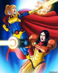 Rule 34 | 2girls, angry, arm cannon, armor, battle, big barda, black hair, blonde hair, blue eyes, breasts, cape, commentary, cosplay, costume switch, crossover, dc comics, energy, energy beam, english commentary, firing, gloves, glowing, justice league, lips, long hair, mashup, mecha, medium breasts, metroid, multiple girls, nintendo, parody, ponytail, power armor, robot, samus aran, science fiction, signature, style parody, toned, turbomiracle, uniform, weapon, western comics (style)