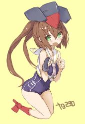 Rule 34 | brown hair, clenched hands, cosplay, framed breasts, fumizuki (kancolle), gloves, goekawa, green eyes, hat, i-13 (kancolle) (cosplay), i-13 (kancolle), kantai collection, long hair, partially fingerless gloves, ponytail, school swimsuit, simple background, single glove, swimsuit, yellow background