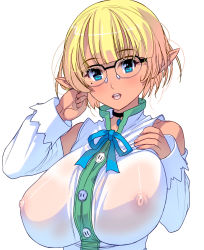 Rule 34 | 1girl, bare shoulders, blonde hair, blue eyes, breasts, choker, covered erect nipples, dark elf, detached sleeves, elf, female focus, glasses, highres, huge breasts, kouno (masao), looking at viewer, mole, nipples, no bra, open mouth, original, pointy ears, ribbon, see-through, shirt, short hair, simple background, solo, white background, white shirt