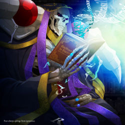 Rule 34 | 1boy, ainz ooal gown, armor, black sclera, book, claws, closed mouth, colored sclera, english text, holding, holding book, hood, hood up, jewelry, k-ta, long sleeves, looking at viewer, magic, male focus, necromancer, open book, overlord (maruyama), pauldrons, red eyes, ring, robe, shoulder armor, sitting, skeleton, solo, teeth, upper body, wide sleeves