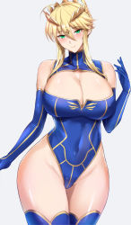 Rule 34 | 1girl, artoria pendragon (fate), artoria pendragon (lancer) (fate), bare hips, bare shoulders, blonde hair, blue gloves, blue leotard, blue thighhighs, blush, braid, breasts, cleavage, cleavage cutout, clothing cutout, collared leotard, commentary request, covered navel, crown, elbow gloves, fate/grand order, fate (series), french braid, gloves, green eyes, hair between eyes, hair ornament, heattech leotard, highleg, highleg leotard, kumakichi (cost-lost), large breasts, legs together, leotard, long hair, looking at viewer, seductive smile, shiny skin, sidelocks, skin tight, skindentation, smile, solo, thick thighs, thighhighs, thighs, turtleneck