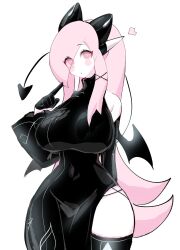 Rule 34 | ami (gwain saga), animal ears, black dress, blush stickers, breasts, cat ears, cocktail dress, demon girl, demon horns, demon tail, demon wings, dress, fake animal ears, gloves, gwain saga, highres, horns, huge breasts, long hair, looking at viewer, navel, pale skin, pink eyes, pink hair, pointing, pointing at self, side slit, skin tight, tail, usa37107692, wide hips, wings