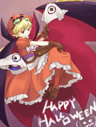 Rule 34 | 1girl, apron, bag, blonde hair, blue hat, bow, cape, curly hair, dress, fang, gloves, goggles, goggles on head, hat, long hair, marivel armitage, nagi mizuha, pointy ears, red eyes, ribbon, smile, solo, wild arms, wild arms 2